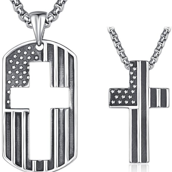 American Flag Cross Necklace for Couples Sterling Silver Patriotic Cross Dog Tag - Picture 1 of 6